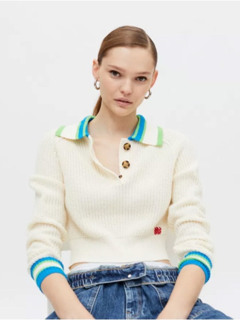BDG by Urban Outfitters, Cream Knit Polo Sweater with Blue & Green Trim